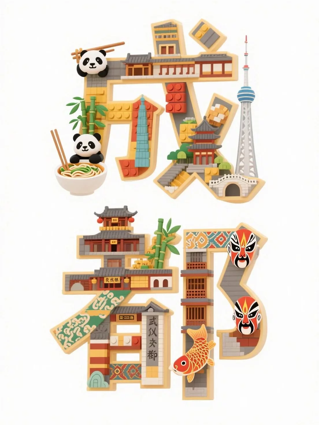 AI秒出图！10大城市的乐高字体提示词直接抄作业！